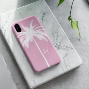 Palm Tree Pink White Tropical Elegant Monogram  iPhone 11 Pro Case