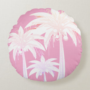 Palm Tree Pink White Tropical Summer Beach House Round Cushion
