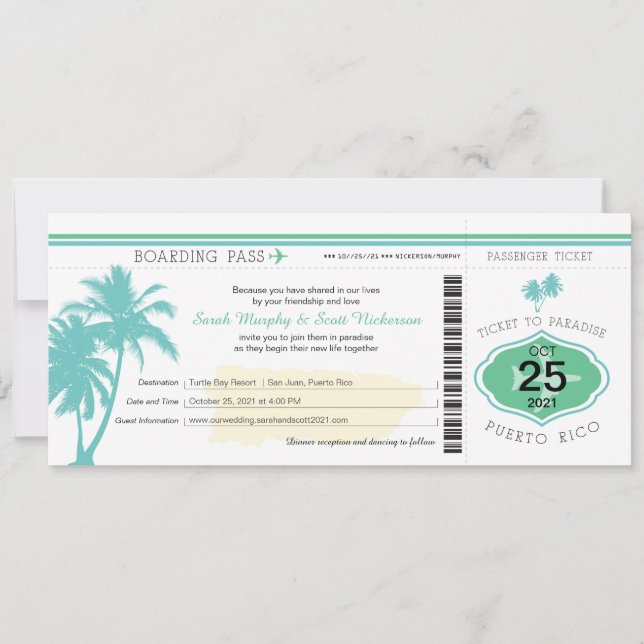 Palm Tree Puerto Rico Boarding Pass Wedding Invitation (Front)