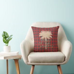 Palm Tree Red Grey Buffalo Plaid Christmas Cushion