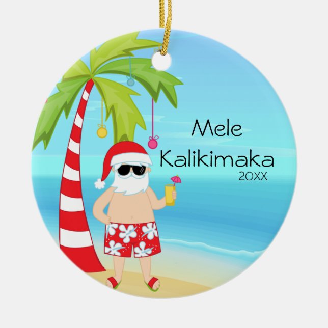 Palm Tree Relaxing Santa Hawaiian Christmas Ceramic Ornament (Front)