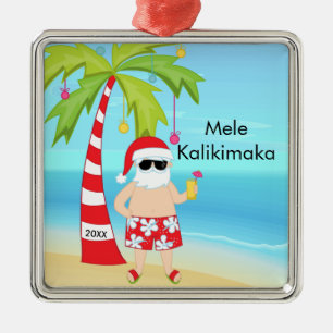 Palm Tree Relaxing Santa Hawaiian Christmas Metal Ornament