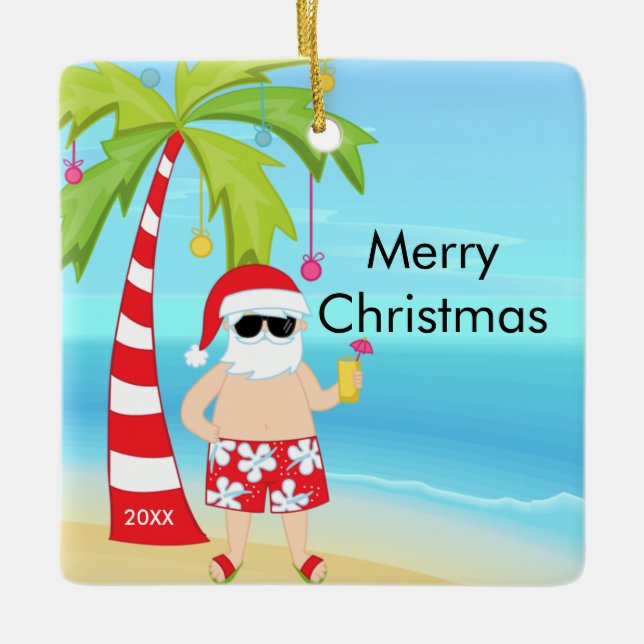 Palm Tree Relaxing Santa Tropical Christmas Ceramic Ornament (Front)