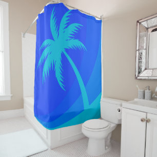 Palm Tree Retro Beach Tropical Blue Shower Curtain
