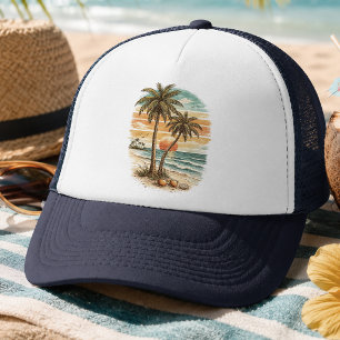 Palm Tree - Retro Style Tropical Beach Sun Summer Trucker Hat