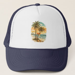 Palm Tree - Retro Style Tropical Beach Sun Summer  Trucker Hat