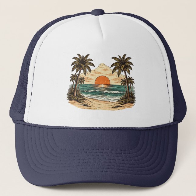 Palm Tree - Retro Style Tropical Beach Sun Summer  Trucker Hat (Front)