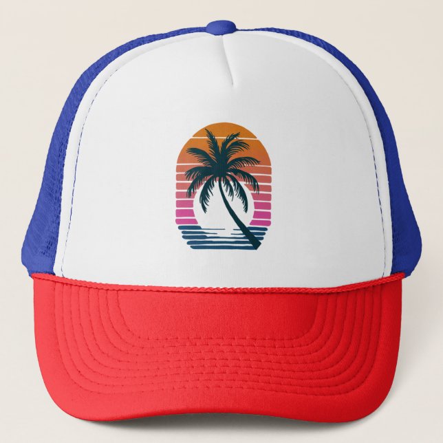 Palm Tree - Retro Style Tropical Beach sunset      Trucker Hat (Front)