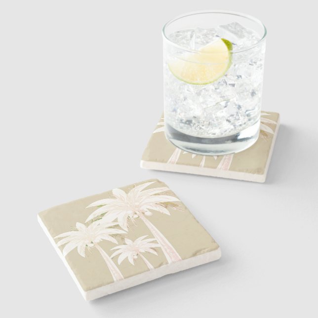 Palm Tree Sand Beige Green White Modern Tropical Stone Coaster (Side)