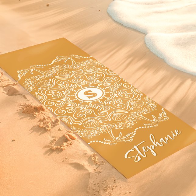 Palm Tree Seashell Mandala Monogram Gold Beachy Yoga Mat (Creator Uploaded)