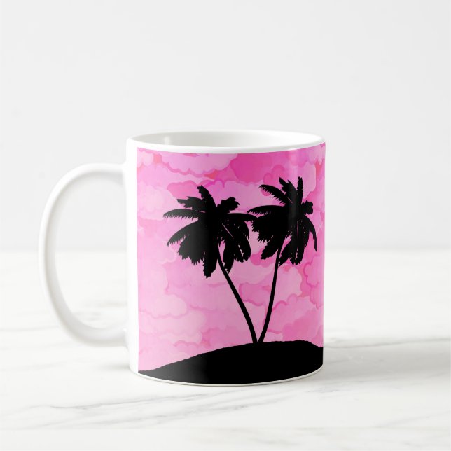 Palm Tree Silhouette Against Dawn Pink with Clouds Coffee Mug (Left)