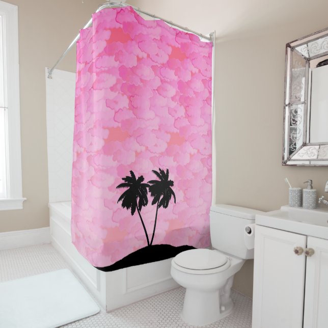 Palm Tree Silhouette Against Dawn Pink with Clouds Shower Curtain (In Situ)
