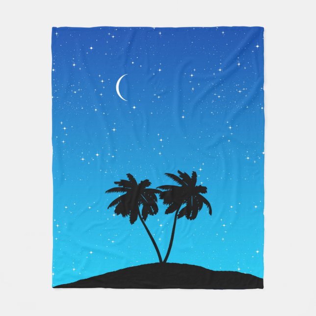 Palm Tree Silhouette Against Evening Blue Fleece Blanket (Front)