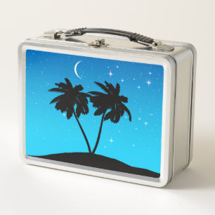 Palm Tree Silhouette Against Evening Blue with Sta Metal Lunch Box