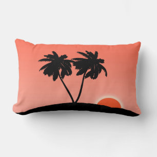 Palm Tree Silhouette Against Sunset Orange Lumbar Cushion