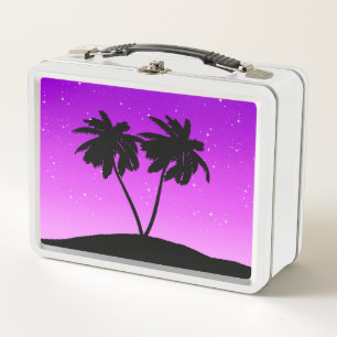 Palm Tree Silhouette Against Twilight Purple  Meta Metal Lunch Box