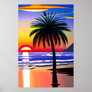 Palm Tree Silhouette and Colourful Sunset Poster