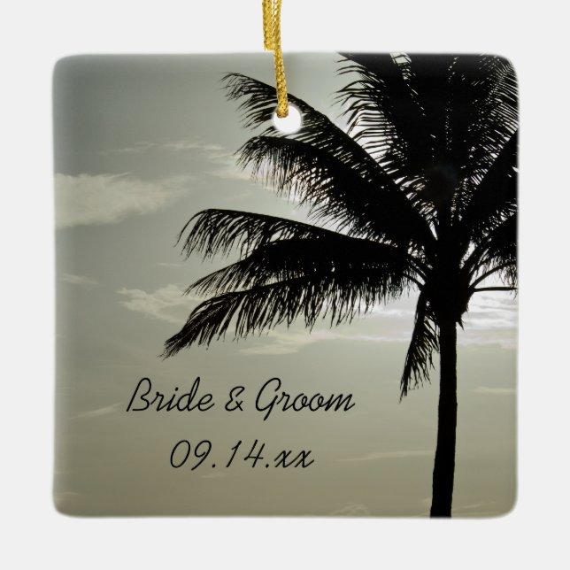 Palm Tree Silhouette Beach Wedding Square Ceramic Tree Decoration (Front)