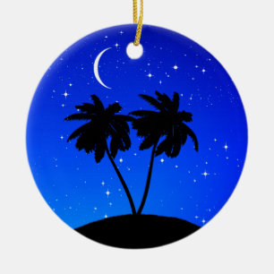 Palm Tree Silhouette, Evening Blue with Stars Ceramic Ornament