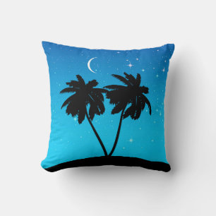 Palm Tree Silhouette, Evening Blue with Stars Cushion