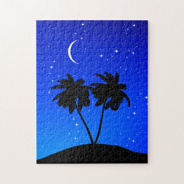 Palm Tree Silhouette, Evening Blue with Stars Jigsaw Puzzle (Vertical)