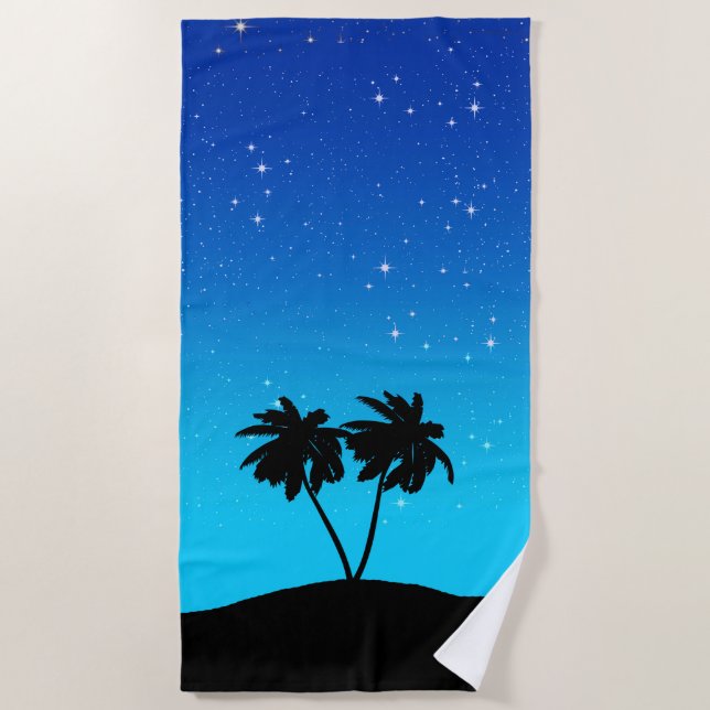Palm Tree Silhouette on Evening Blue with Stars Beach Towel (Front)