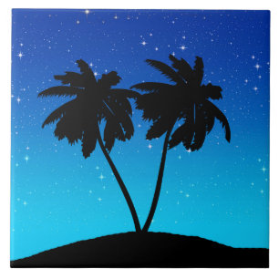 Palm Tree Silhouette on Evening Blue with Stars Ceramic Tile