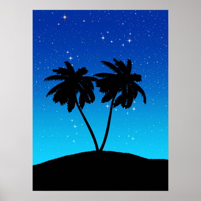 Palm Tree Silhouette on Evening Blue with Stars Poster (Front)