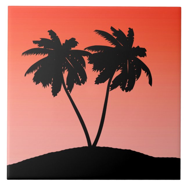 Palm Tree Silhouette on Sunset Orange Ceramic Tile (Front)