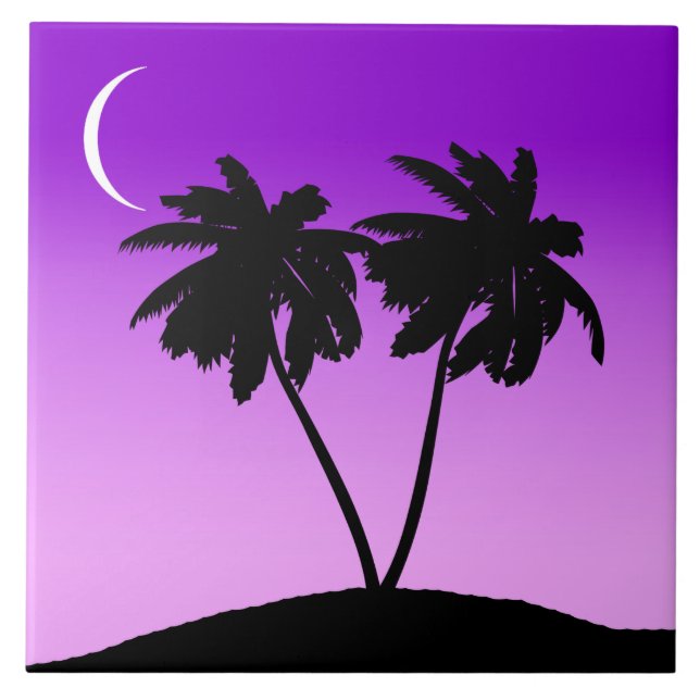 Palm Tree Silhouette on Twilight Purple Ceramic Tile (Front)
