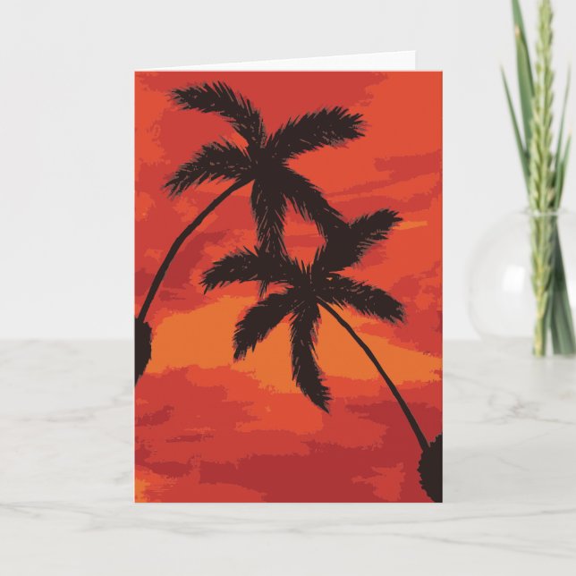 Palm Tree Silhouette Sunset Painting Card (Front)