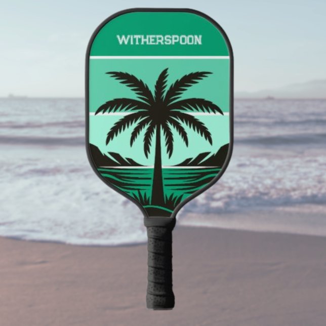 Palm Tree Silhouette Tropical Green Monogram Pickleball Paddle (Creator Uploaded)