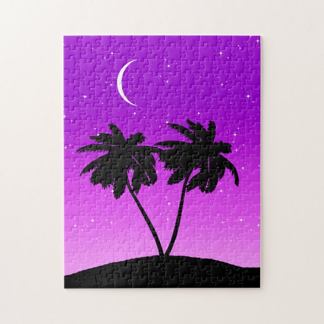 Palm Tree Silhouette, Twilight Purple with Stars Jigsaw Puzzle (Vertical)