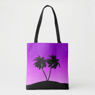 Palm Tree Silhouette, Twilight Purple with Stars Tote Bag