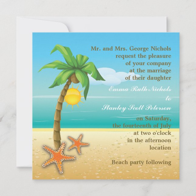 Palm tree & starfish beach summer wedding invitation (Front)