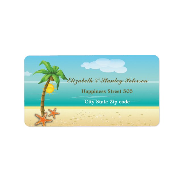 Palm tree & starfish tropical beach wedding label (Front)