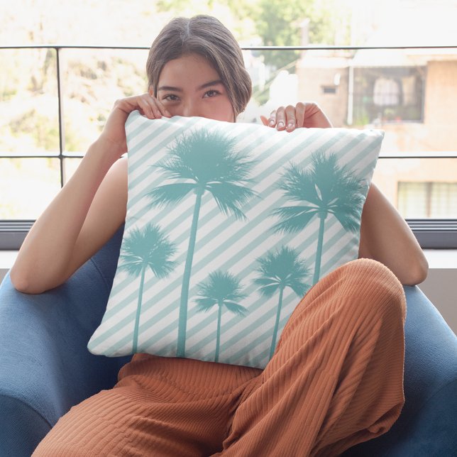 Palm Tree Stripe Teal Beach House Decorative  Cushion (Palm Tree Stripe Teal Beach House Decorative Throw Pillow)