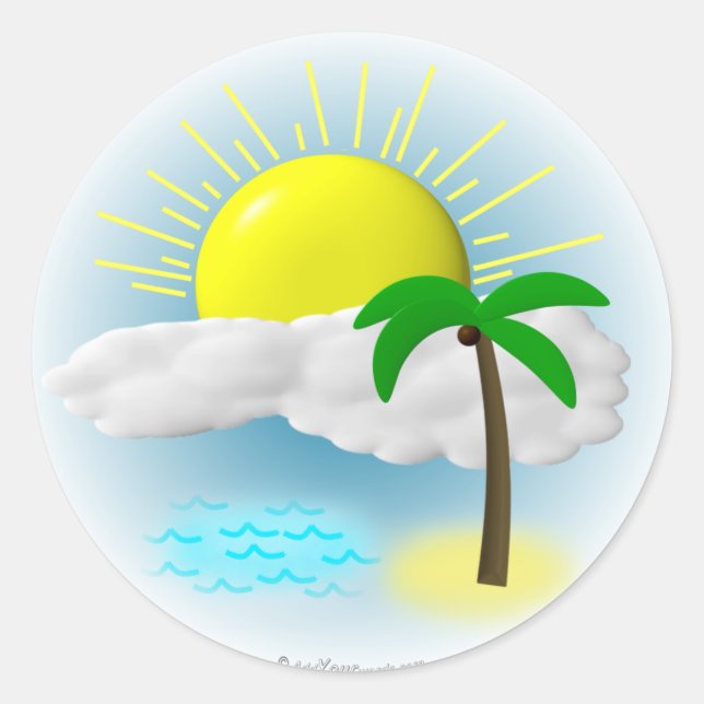 Palm Tree, Sun and Beach Classic Round Sticker (Front)