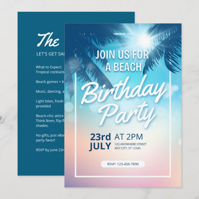 Palm Tree Sunset Adult Beach Birthday Invitation (Front/Back)