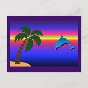 Palm Tree Sunset and Dolphin Postcard