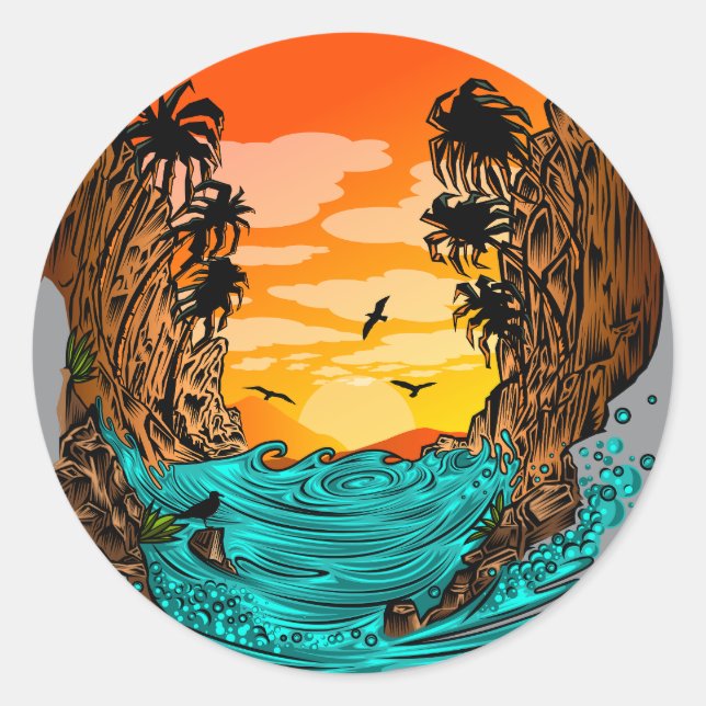 Palm Tree Sunset Classic Round Sticker (Front)