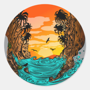 Palm Tree Sunset Classic Round Sticker