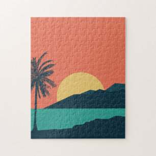 Palm Tree Sunset, Island, Boho Abstract Art Jigsaw Puzzle