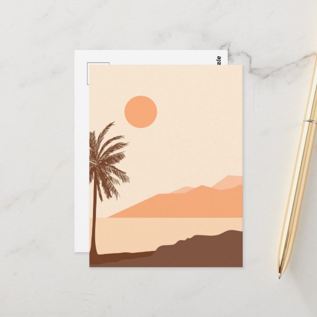 Palm Tree Sunset, Island, Boho Abstract Art Postcard (Front/Back In Situ)