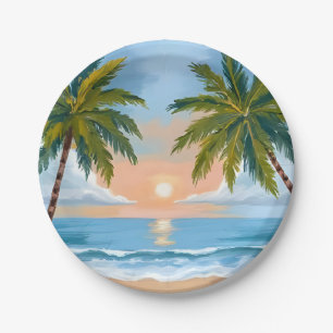 Palm Tree Sunset Tropical Beach Wedding Paper Plate