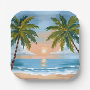 Palm Tree Sunset Tropical Beach Wedding Paper Plate
