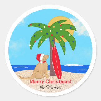 Palm Tree Surf Board Santa Dog Christmas Set Classic Round Sticker