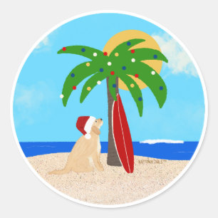 Palm Tree Surf Board Santa Dog Christmas Stickers