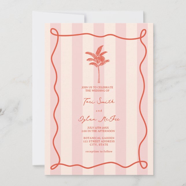 Palm Tree Swirl Pink Stripe Tropical Wedding Invitation (Front)