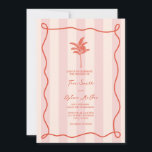 Palm Tree Swirl Pink Stripe Tropical Wedding Invitation<br><div class="desc">Wedding theme featuring text inside swirl frame with palm tree line drawing over light pink stripe background.</div>
